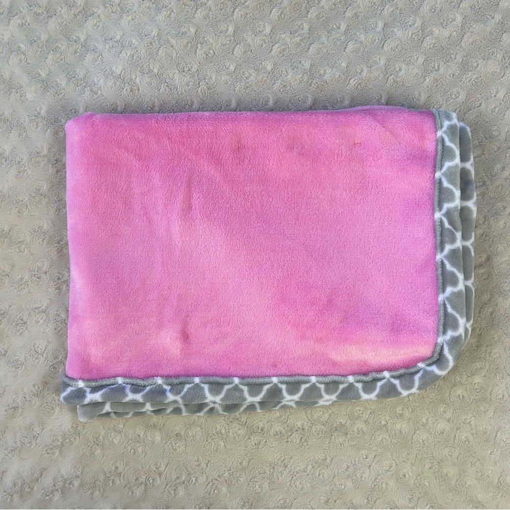 Le Bebe Favorite Pink Baby Blanket Gray White Edge Trim Plush Soft Lovey